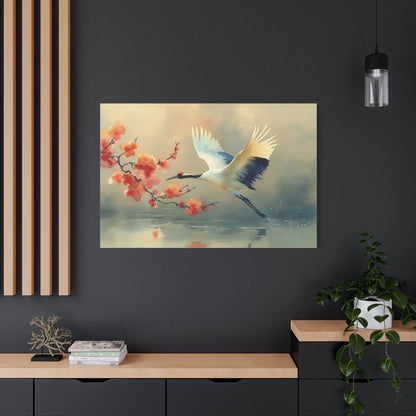 Tableau Grue et Cerisier Zen - Vol sur les Fleurs — Art Virtuoso