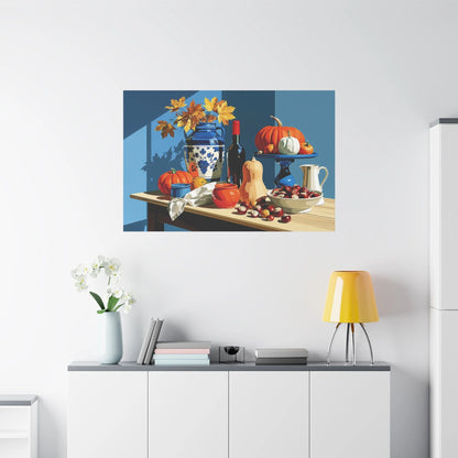 Tableau Nature Morte Automne Courges Châtaignes - Récolte Ambrée - vue mur grande hauteur