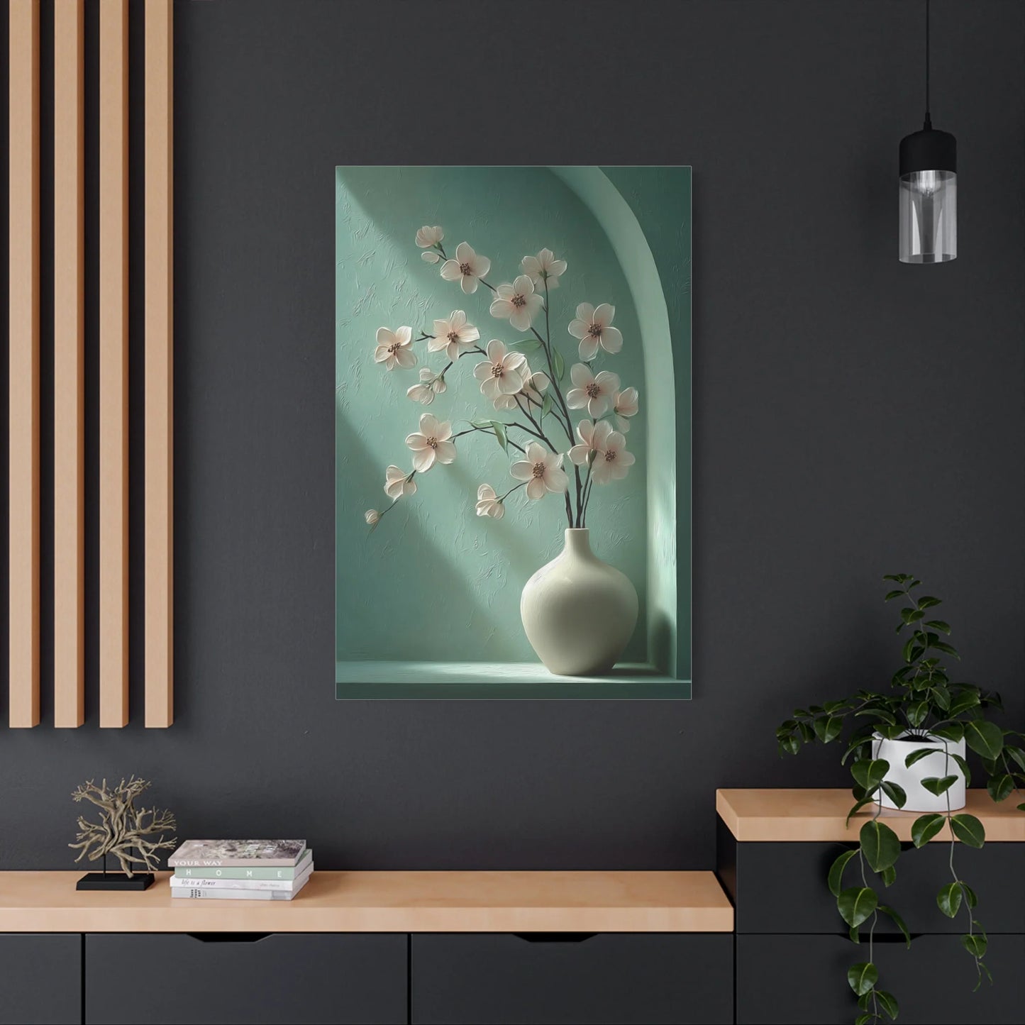 Tableau Vert Sauge et Rose Poudré - Cerisier en Fleur — Art Virtuoso