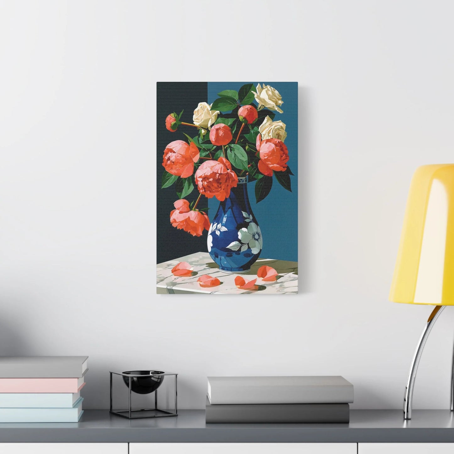 Tableau Nature Morte Pivoines Roses Romantiques - Bouquet Tendre - décor salon contemporain bois