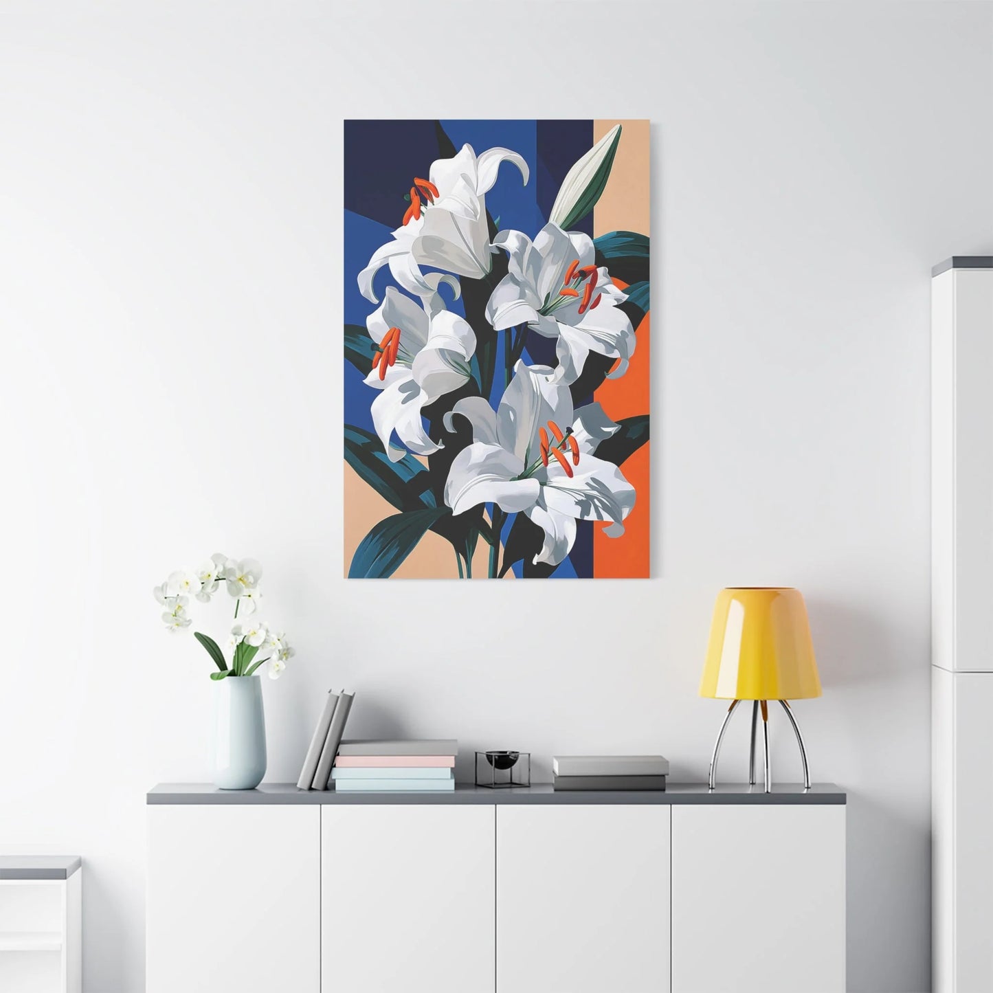 Tableau Nature Morte Lys Blancs Botanique - Épure Florale - vue mur grande hauteur