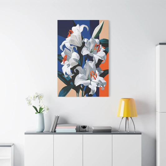Tableau Nature Morte Lys Blancs Botanique - Épure Florale - vue mur grande hauteur