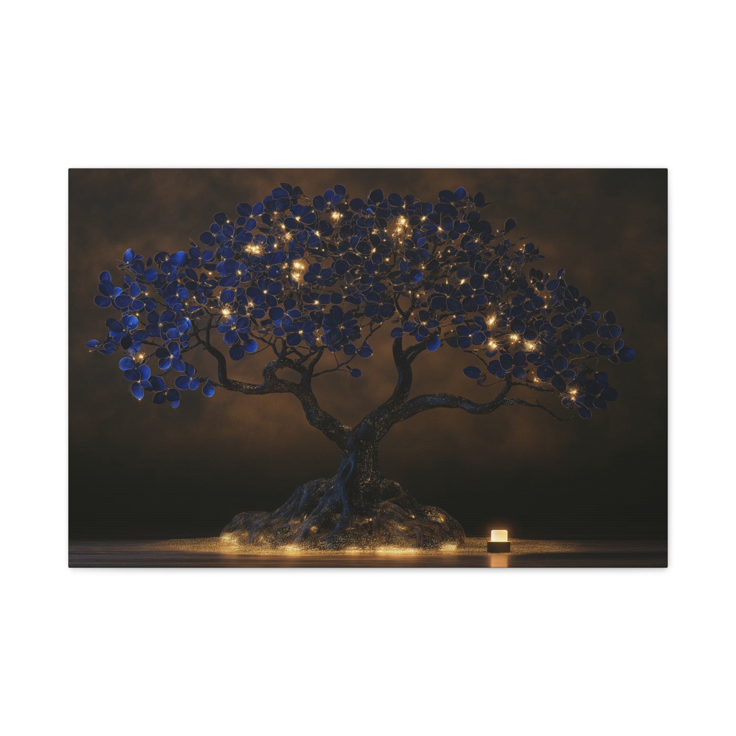 Grand Tableau Arbre de Vie, un arbre monumental aux feuillages bleu nuit ponctués de lumières dorées, format L - Art Virtuoso