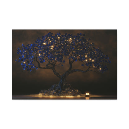 Grand Tableau Arbre de Vie, un arbre monumental aux feuillages bleu nuit ponctués de lumières dorées, format L - Art Virtuoso