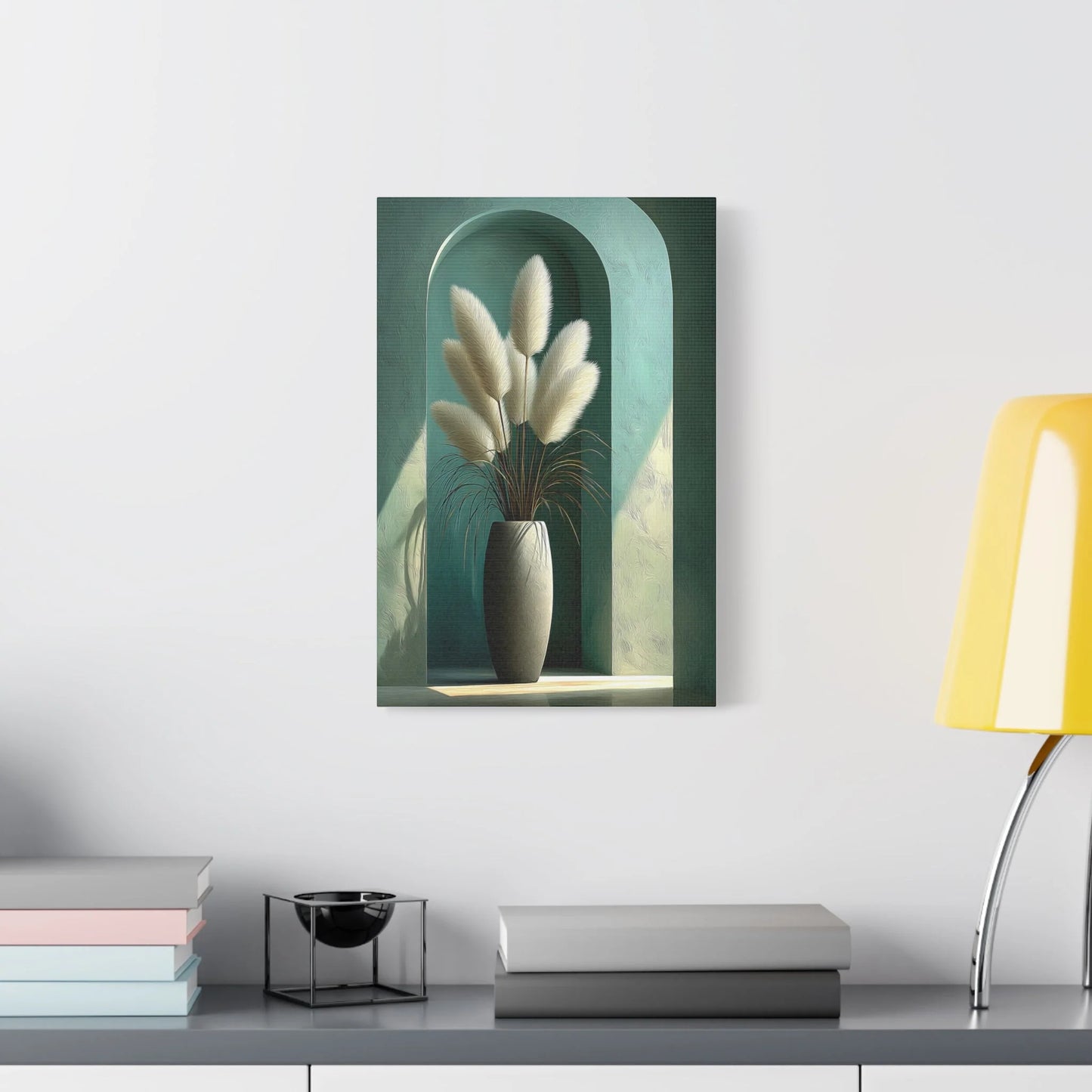 Tableau Bouquet pampas vert sauge dans un hall d'hôtel