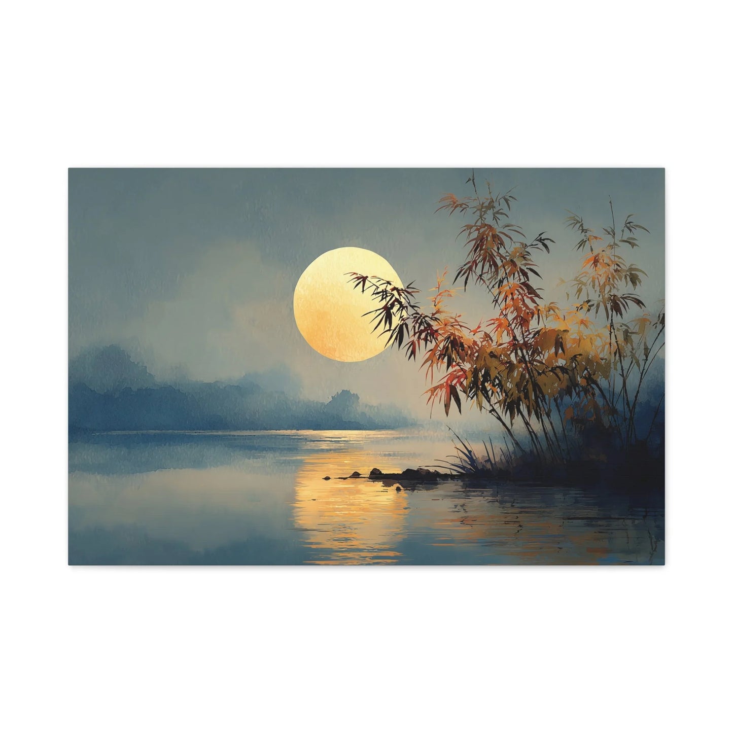Tableau Pleine lune dorée lac bleu nuit zen
