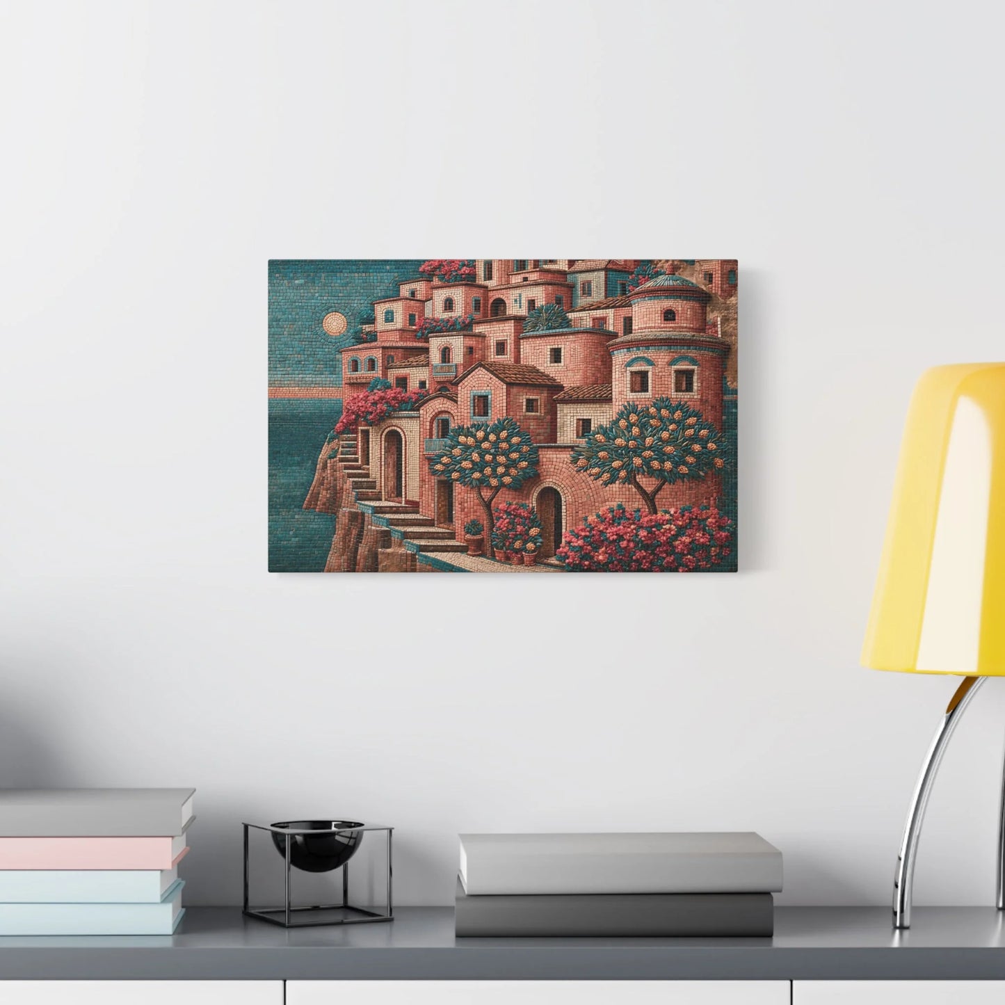 Tableau en Mosaïque Amalfi Ocre - Rivage de Tesselles - décor salon contemporain bois