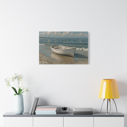 Barque blanche en bois posee sur une plage de sable mouille devant une mer calme - Art Virtuoso - vue 13/20