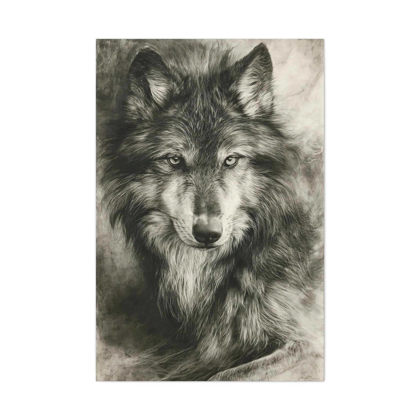 Tableau Loup Portrait - Fusain Noir et Blanc - mise en scène entrée moderne
