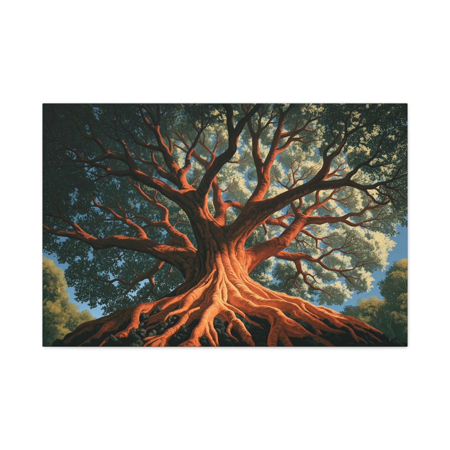 Tableau Yaxché Ceiba Maya Arbre de Vie, un ceiba monumental dont les racines rouges s’étendent sous une couronne sombre, format XL - Art Virtuoso