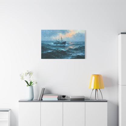 Chalutier sombre avançant dans la houle bleu vert sous un ciel lumineux - Art Virtuoso - vue 16/20