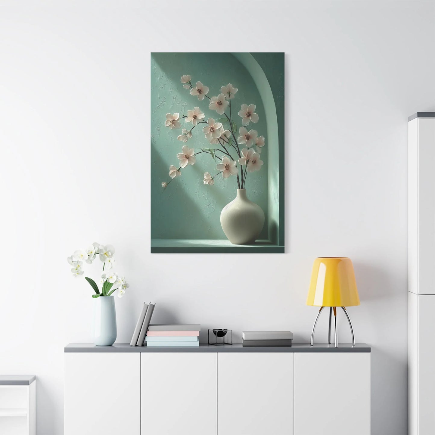 Tableau Vert sauge rose poudré dans un salon contemporain