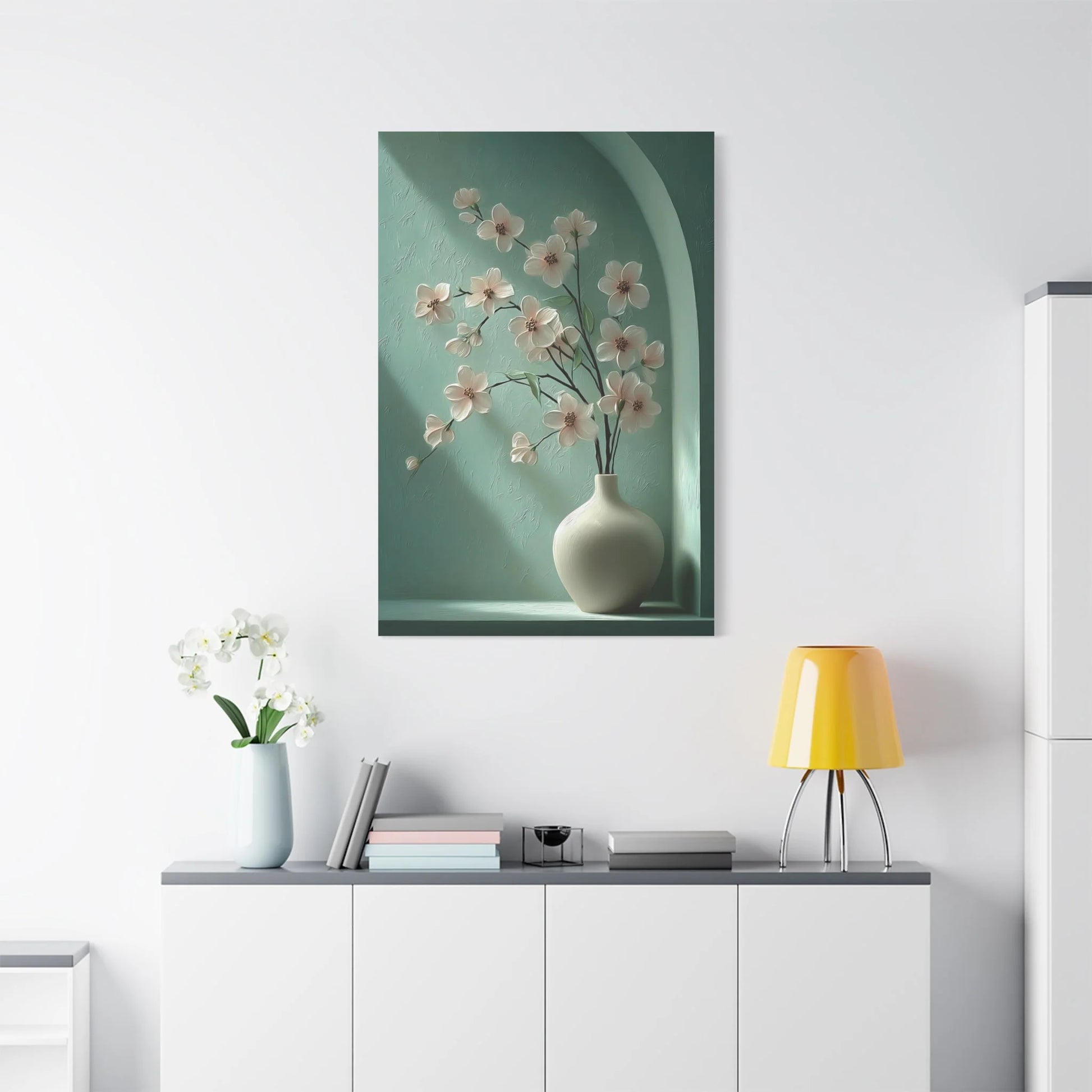 Tableau Vert sauge rose poudré dans un salon contemporain