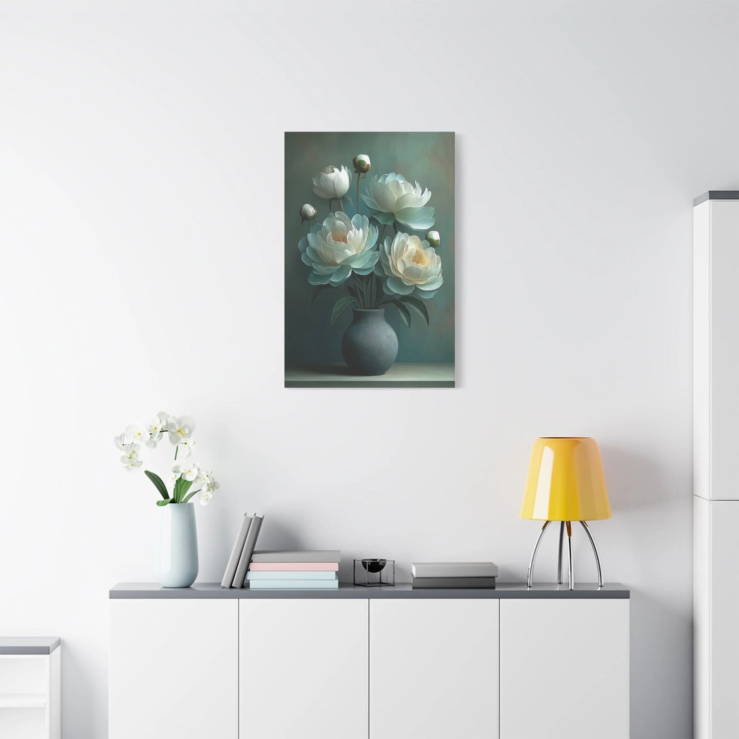 Tableau Tableau pivoines vert sauge ambiance peinture hollandaise revisitée