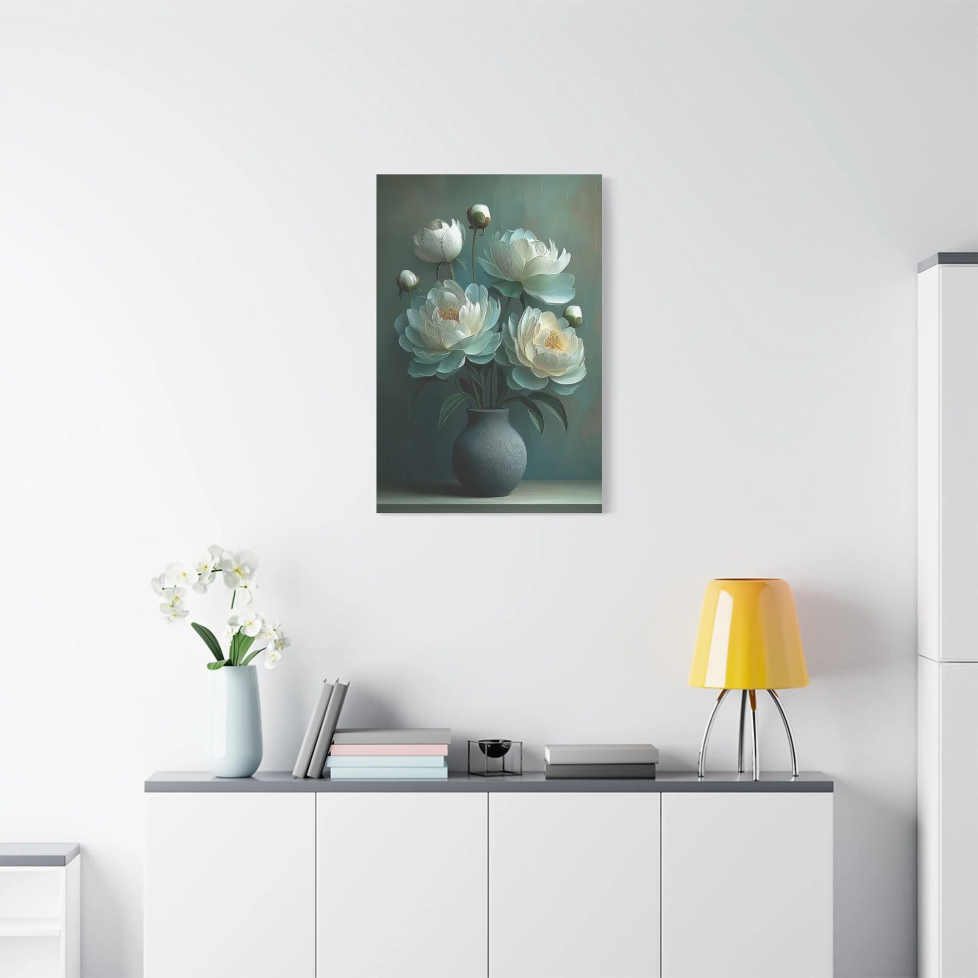 Tableau Tableau pivoines vert sauge ambiance peinture hollandaise revisitée