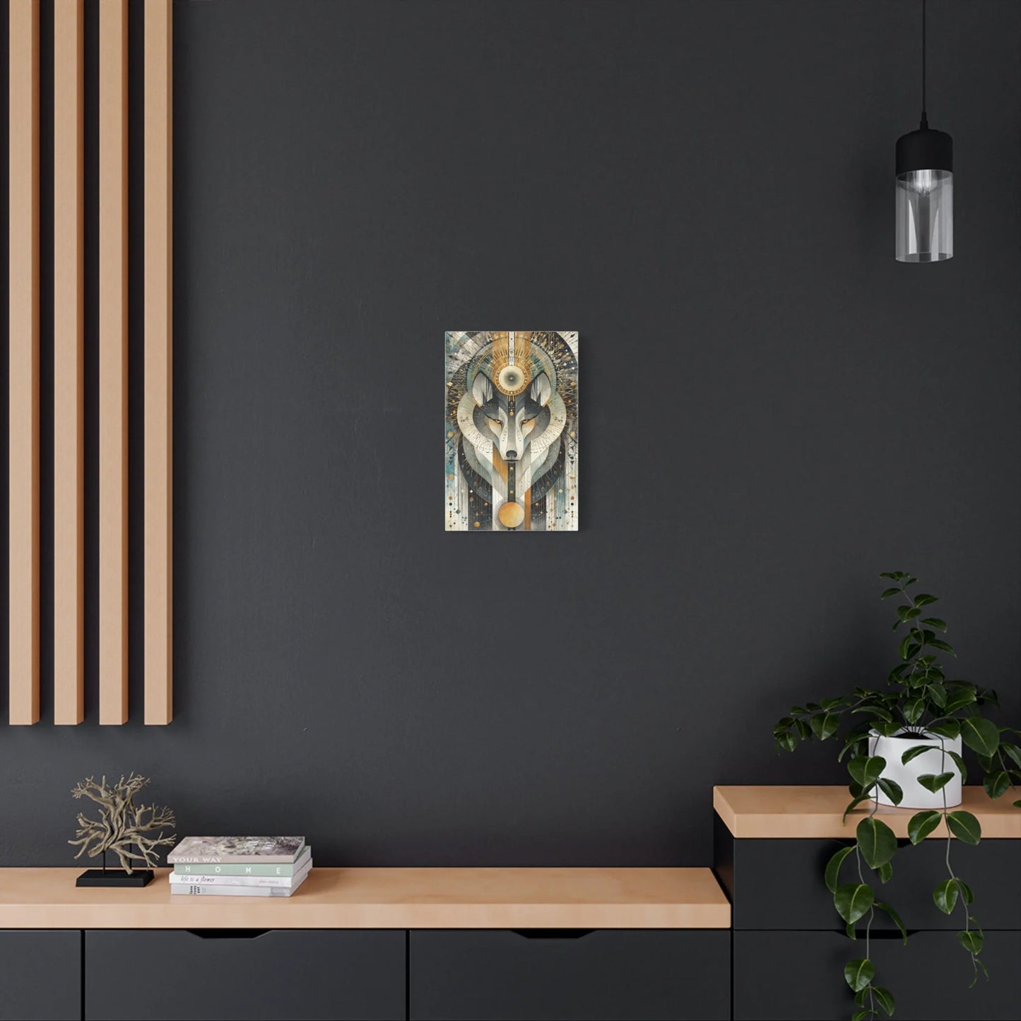 Tableau Loup Tribal - Mandala Ornemental - vue mur béton ciré