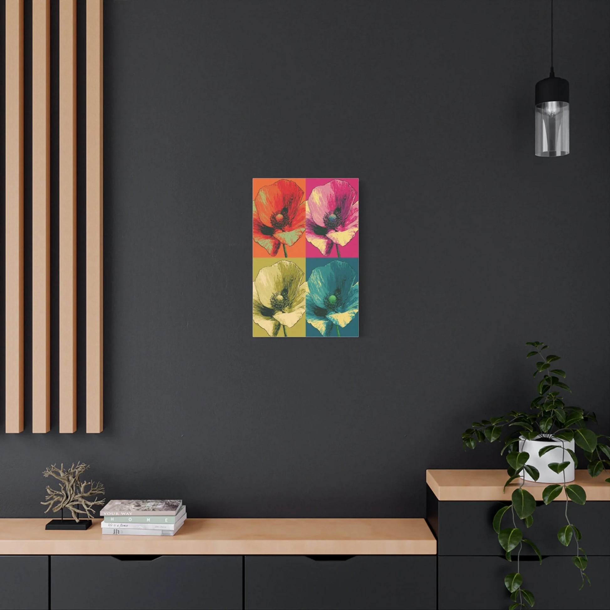 Tableau Coquelicots Pop Art - Quadriptyque Warhol - décor pièce à vivre lumineuse