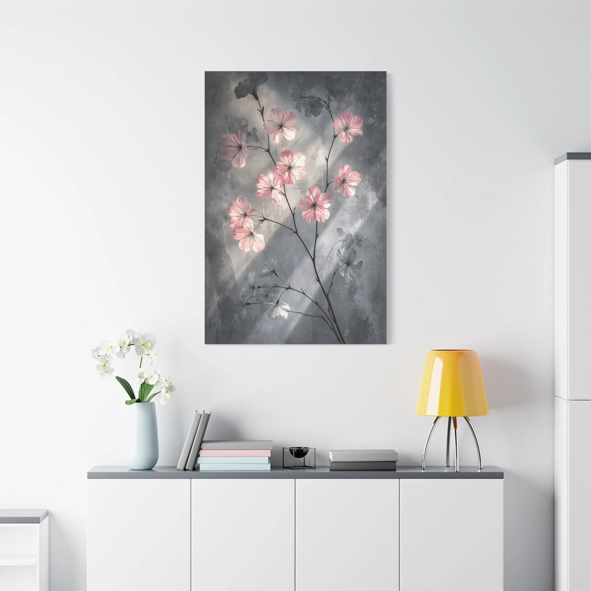 Tableau Gris rose cerisier dans un salon contemporain