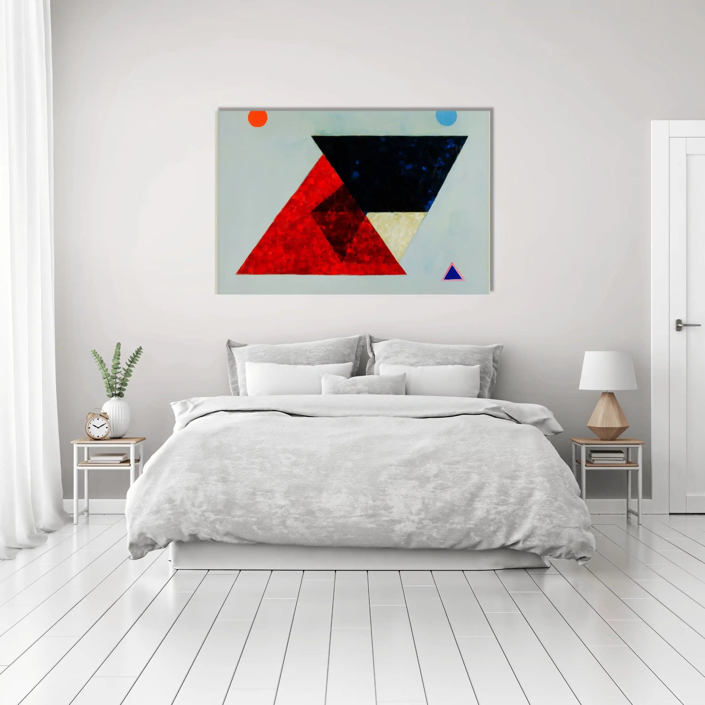 Abstraction Scandinave Triangulaire – prisme carmin et nuit cobalt