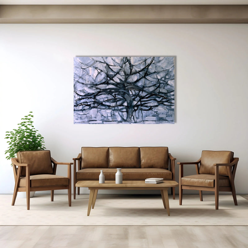 Mondrians Der graue Baum als Leinwandbild in Grautönen