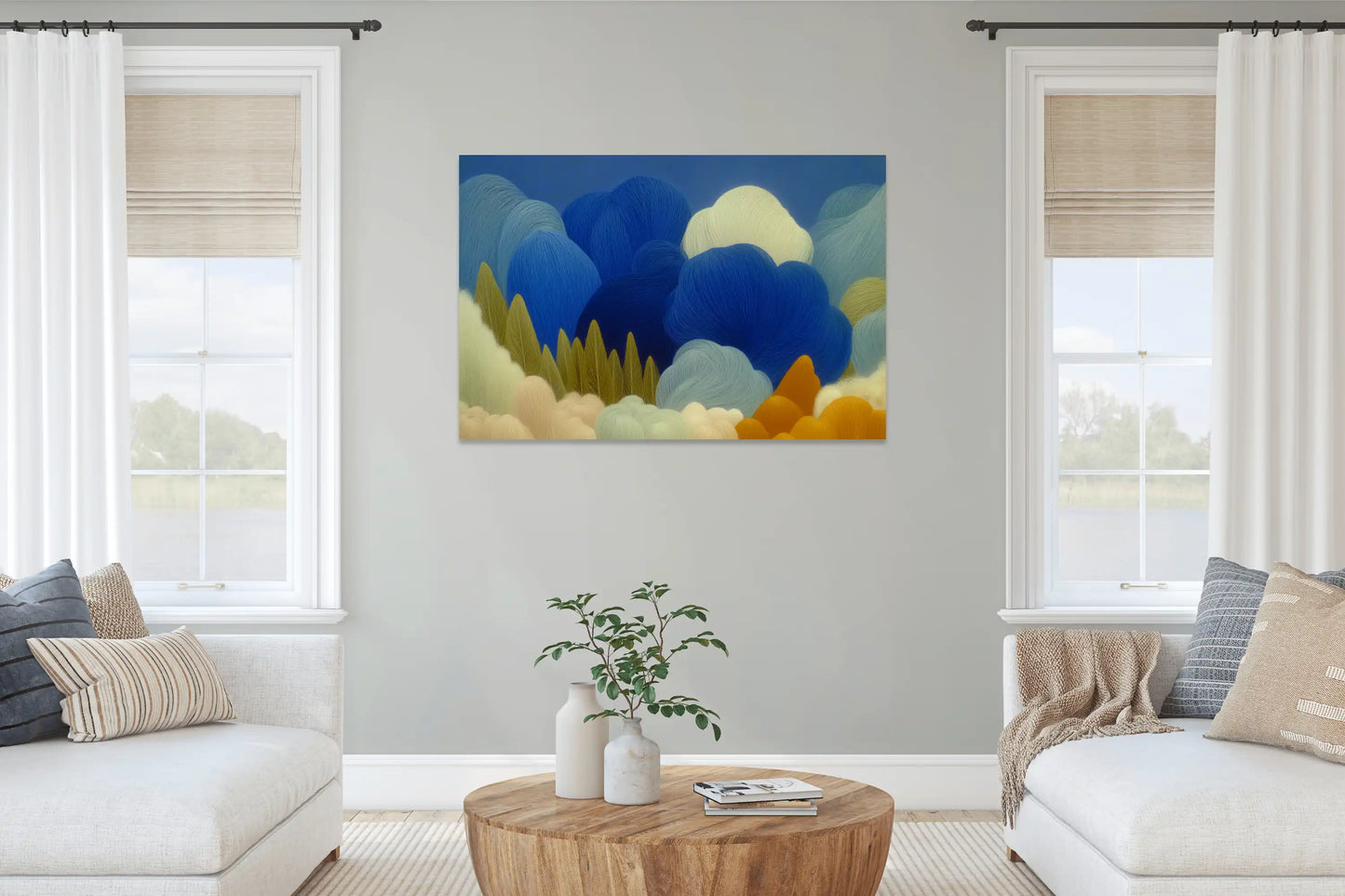 Composition Nordique 3 – nuages filamenteux cobalt et bruyère dorée