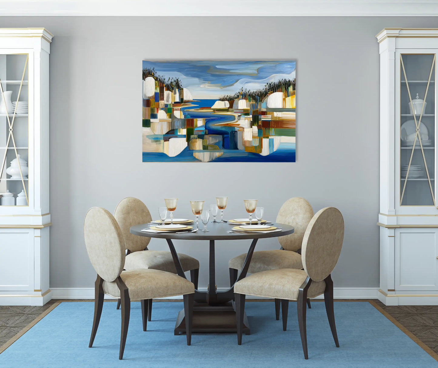Toile Fjord boréal mosaïque – rivages cobalt et pins verticaux