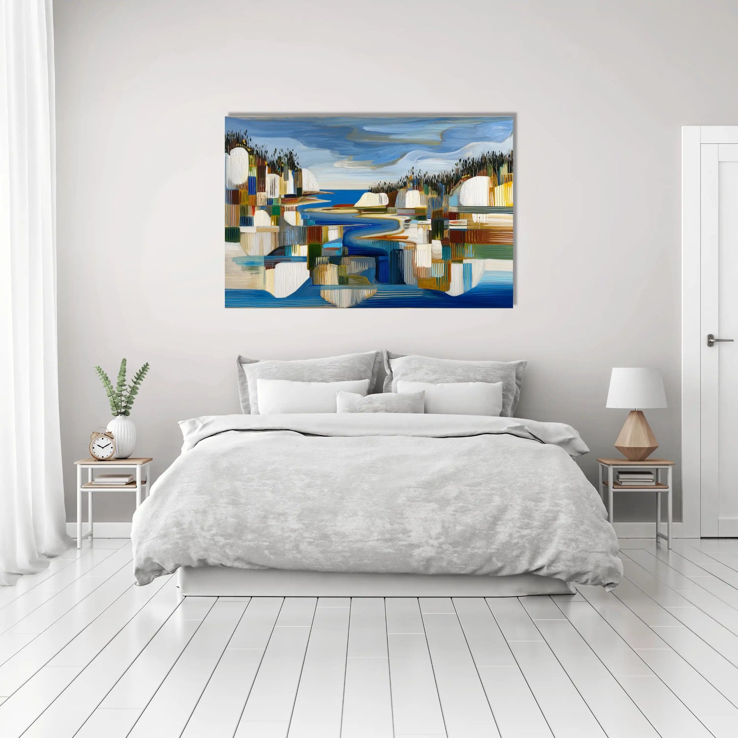 Toile Fjord boréal mosaïque – rivages cobalt et pins verticaux
