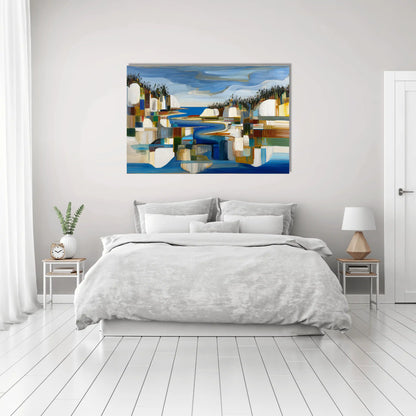 Toile Fjord boréal mosaïque – rivages cobalt et pins verticaux