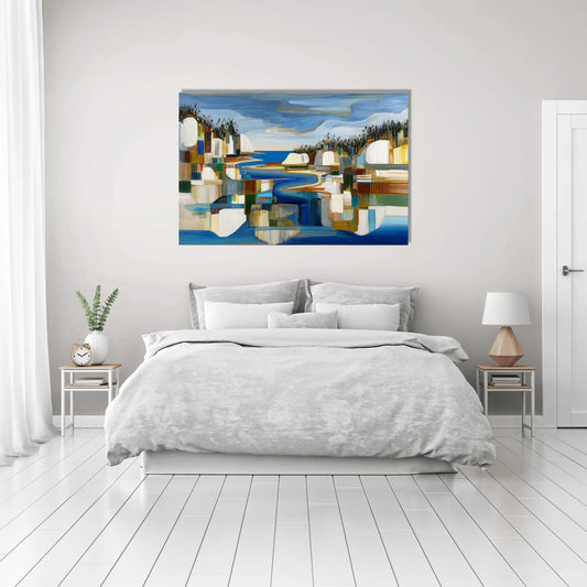 Toile Fjord boréal mosaïque – rivages cobalt et pins verticaux