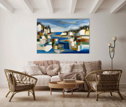 Toile Fjord boréal mosaïque – rivages cobalt et pins verticaux