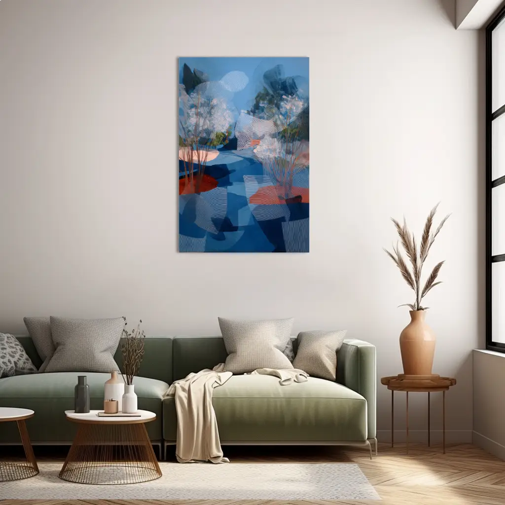 Tableau Forêt boréale évaporée – azur et corail en clair-obscur