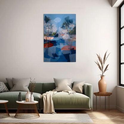Tableau Forêt boréale évaporée – azur et corail en clair-obscur