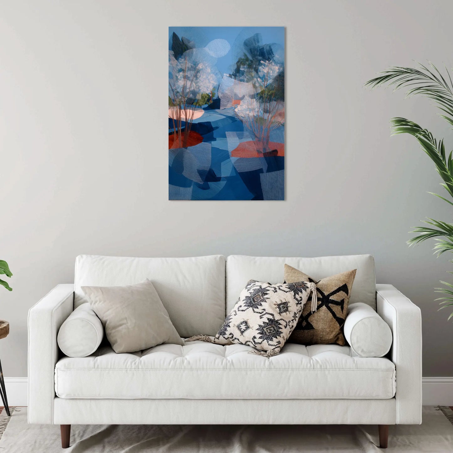 Tableau Forêt boréale évaporée – azur et corail en clair-obscur