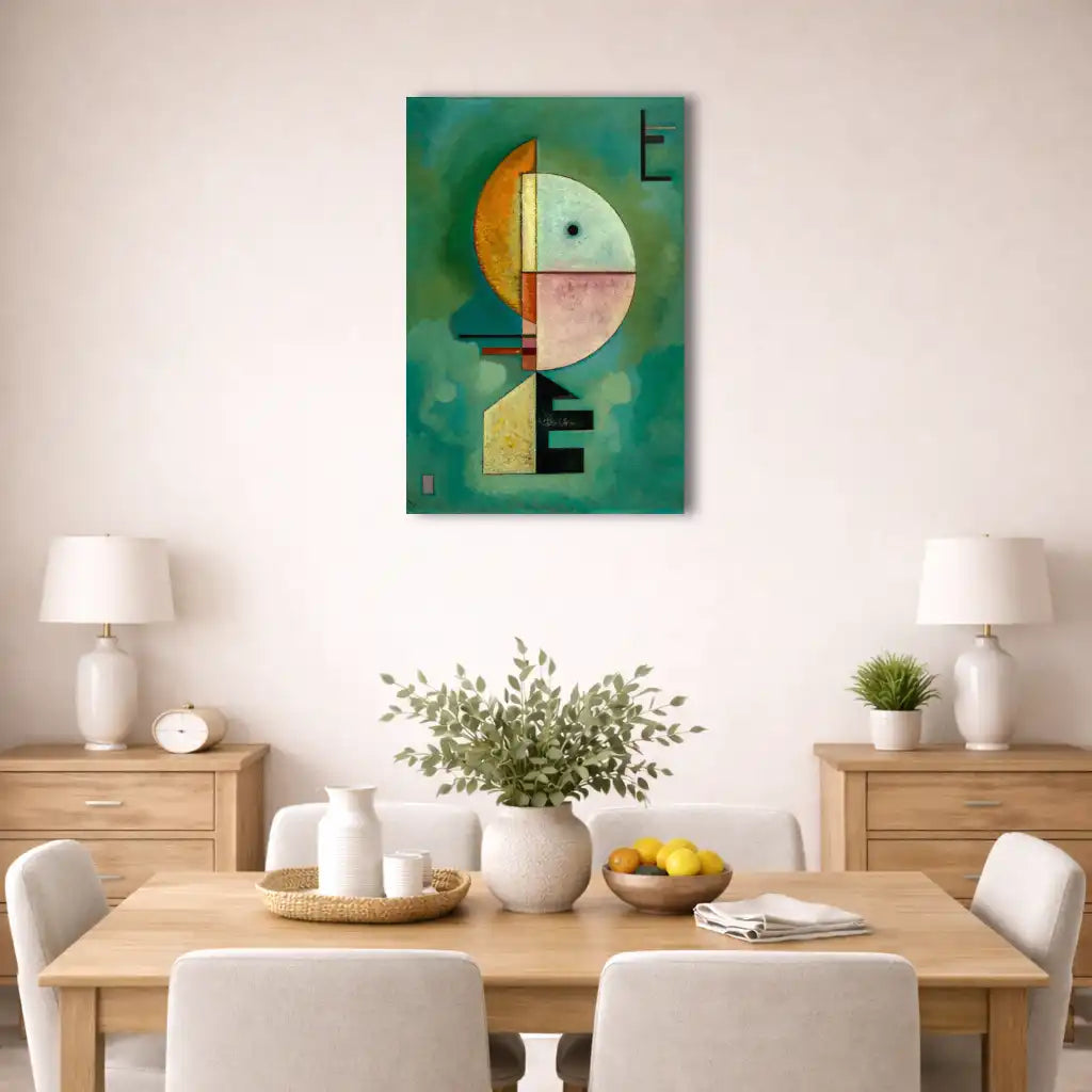 la haut toile abstraite vert profond axe vertical formes géométriques détail texture visible