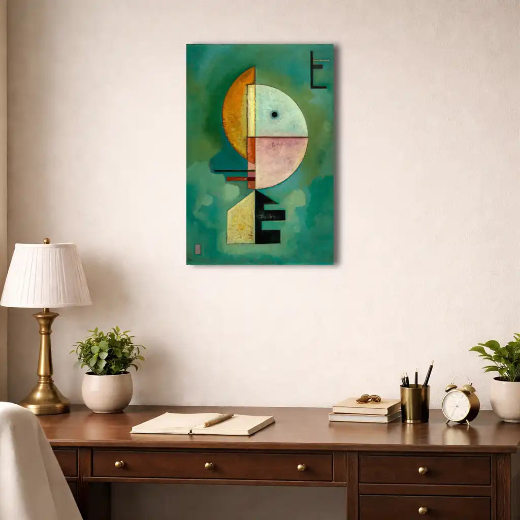 la haut tableau abstrait vert profond formes géométriques imbriquées axe vertical suggérant ascension