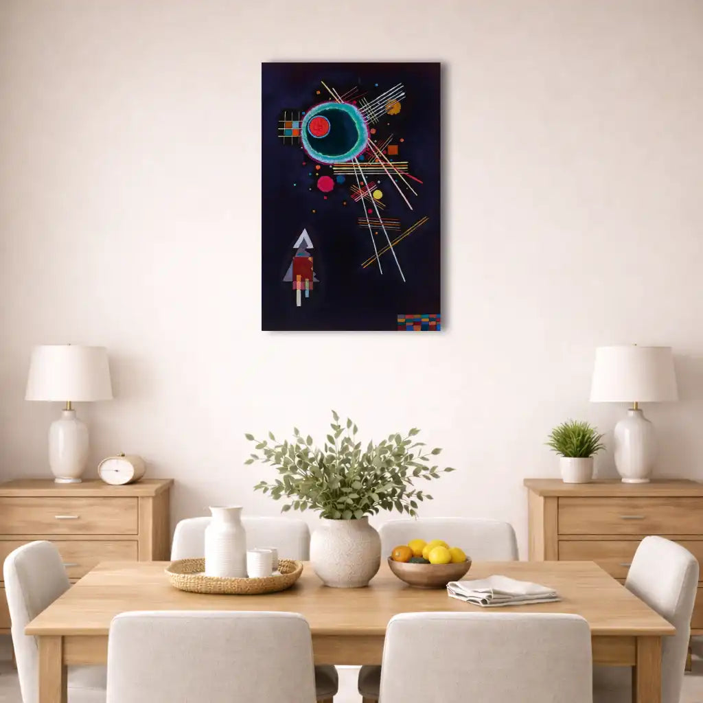 lignes d'azur peinture abstraite sur fond noir, grand cercle turquoise auréolé, rayons et lignes géométriques