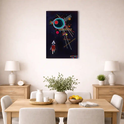 lignes d'azur peinture abstraite sur fond noir, grand cercle turquoise auréolé, rayons et lignes géométriques