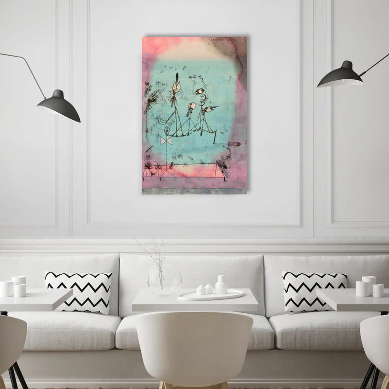 tableau abstrait paul klee oiseaux stylisés sur ressorts lavis bleu rose mauve fond pastel ambiance salon minimaliste