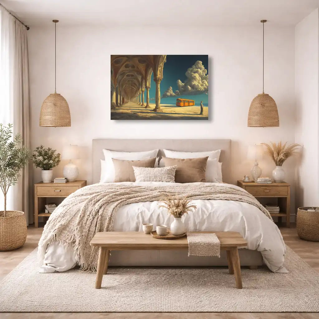 Die Wolkentram – Surrealistische Promenade unter Arkaden – Wandbild