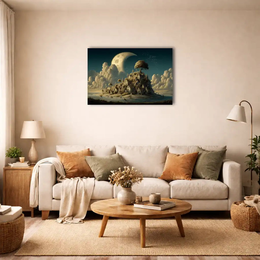Surrealistisches Wandbild – Das Dorf unterm Mond