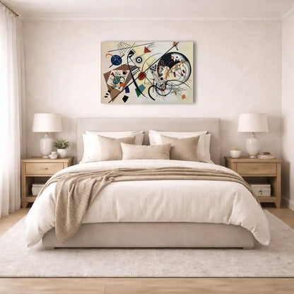kandinsky toile détail texture visible, ligne diagonale noire, formes circulaires colorées, art abstrait, mockup chambre