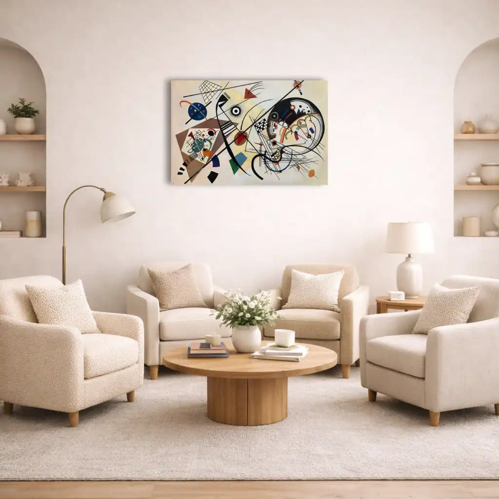 kandinsky tableau toile abstraite détail texture, ligne diagonale noire, formes colorées, salon beige