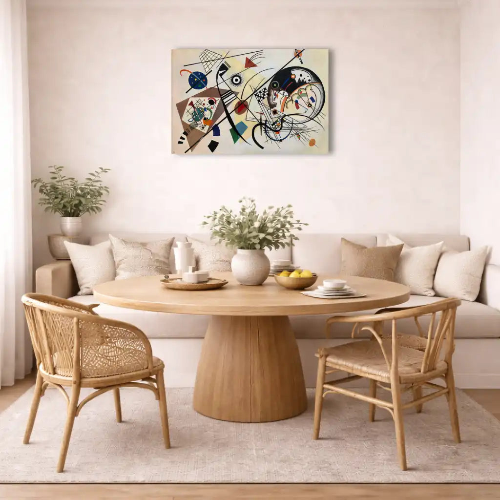 kandinsky tableau abstrait beige fond grande diagonale noire courbes et formes géométriques colorées mural salon minimaliste