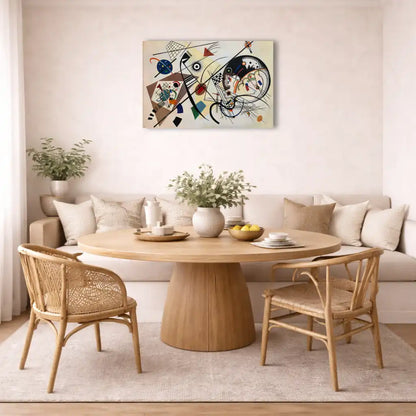 kandinsky tableau abstrait beige fond grande diagonale noire courbes et formes géométriques colorées mural salon minimaliste