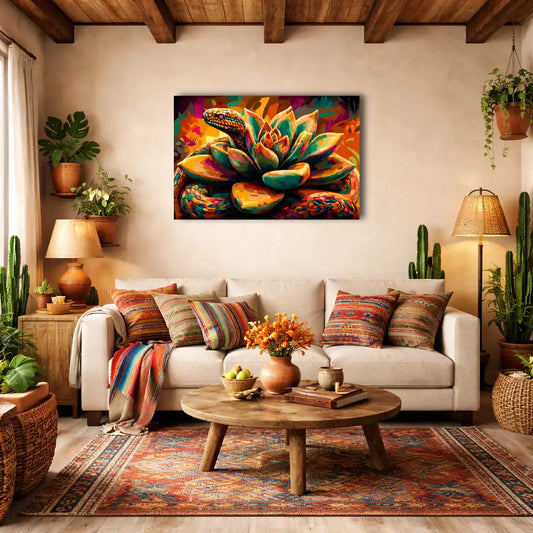 Nature Mexicaine Stylisée - Tableau Contemporain aux Symboles Vivants