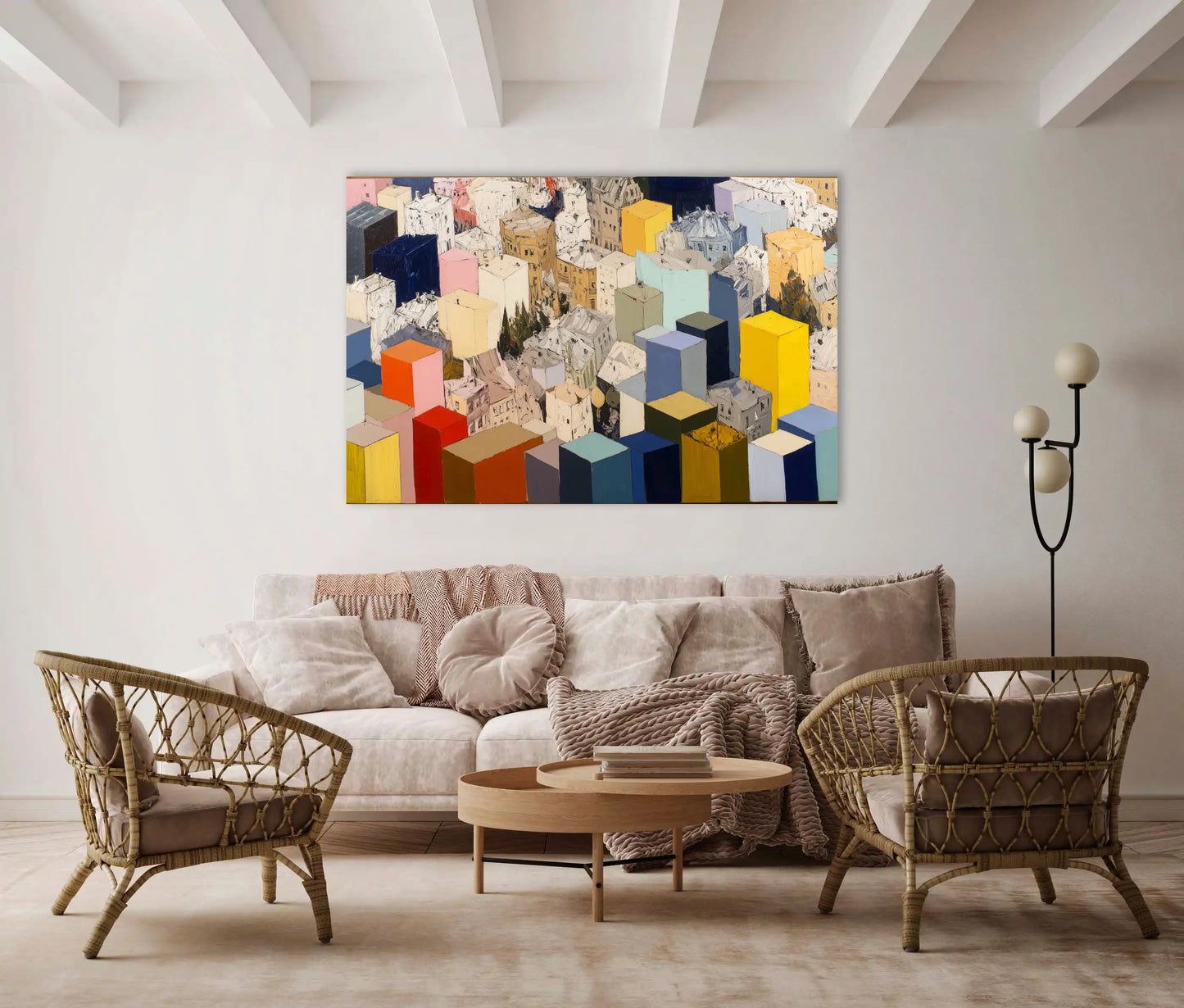 Toile Panorama urbain cubiste – blocs & toits