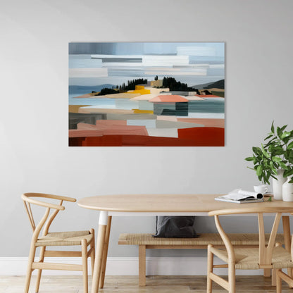 Peinture Paysage côtier abstrait – strates ocres et cyprès d’encre