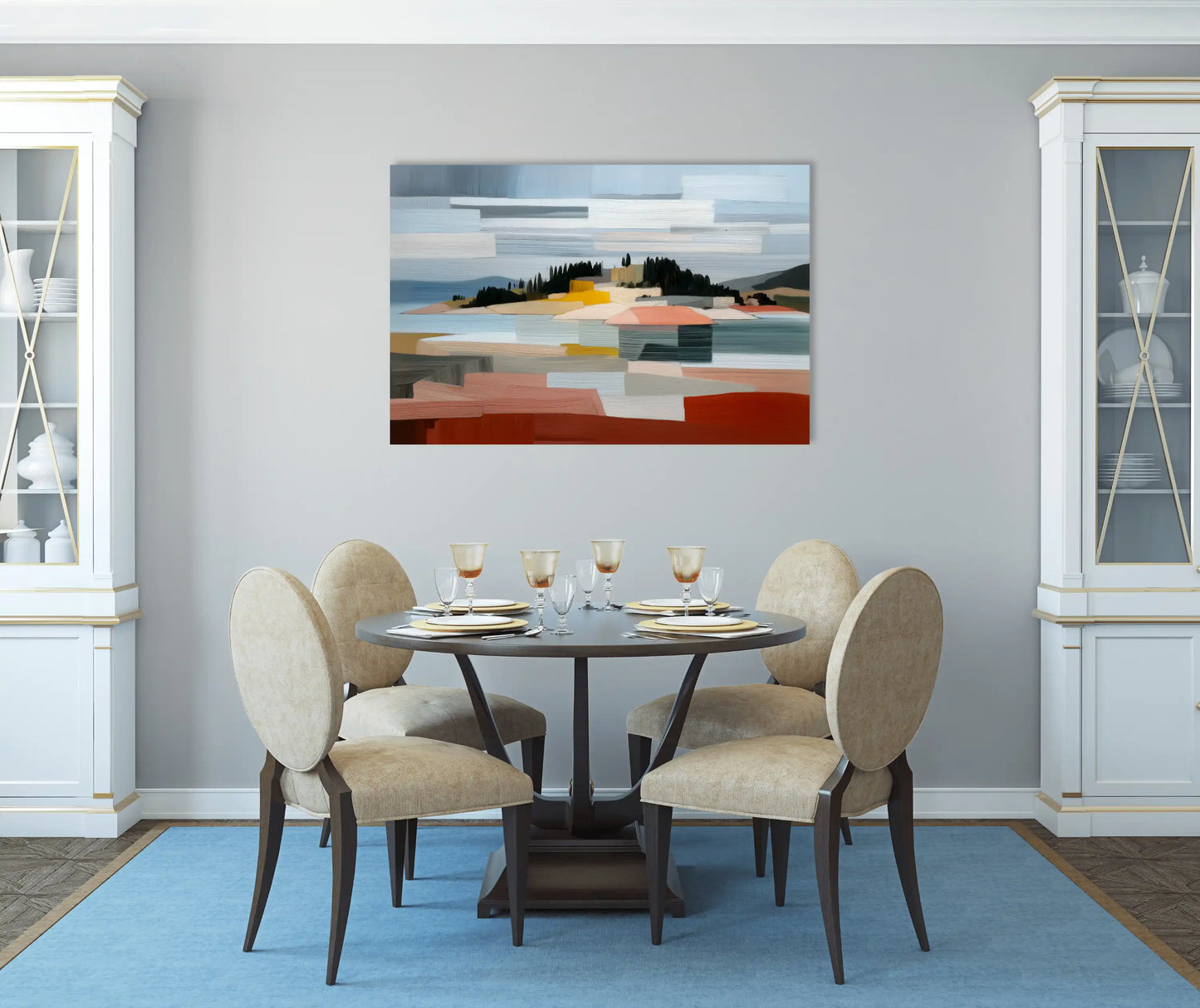 Peinture Paysage côtier abstrait – strates ocres et cyprès d’encre