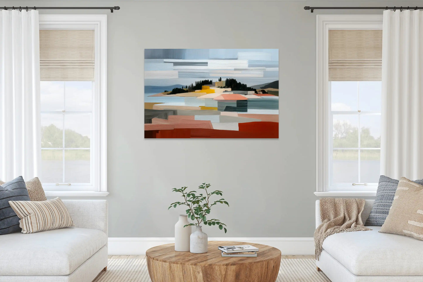 Peinture Paysage côtier abstrait – strates ocres et cyprès d’encre