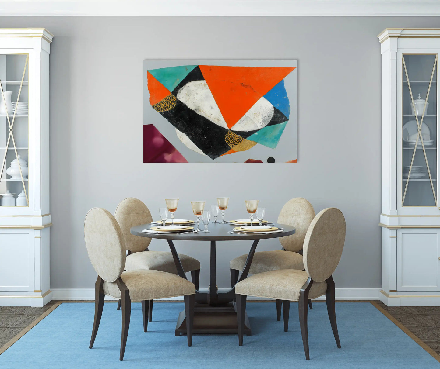 Peinture Collage géométrique Scandinave corail et turquoise